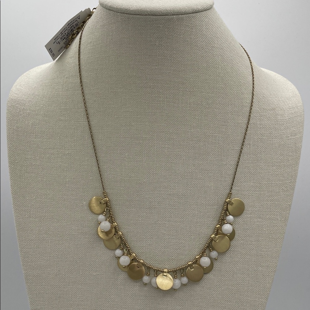 4.15.26-28 NWT Lucky Brand Gold Disc Necklace with White Beads 12”+2.5” ext